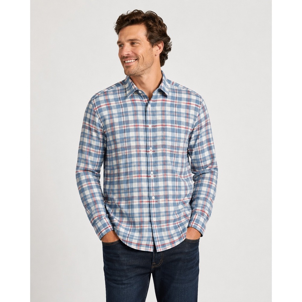 Faherty Brand Movement Shirt Mens Medium Blue Red Plaid Cotton Stretch Button Up